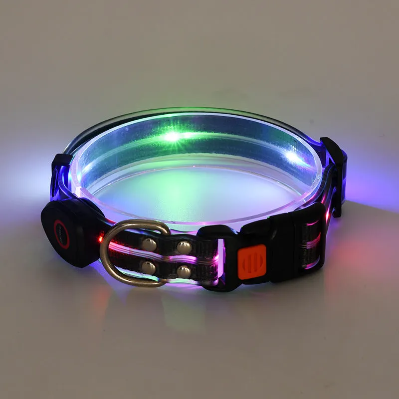 LED luminous pet collar and nylon tow rope with colourful light strips, rechargeable via USB, in black colour option