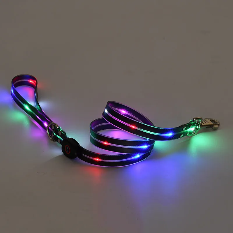 LED luminous pet collar and nylon tow rope with colourful light strips, rechargeable via USB, in black colour option