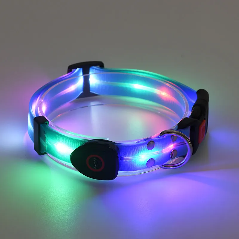 LED luminous pet collar and nylon tow rope with colourful light strips, rechargeable via USB, in black colour option