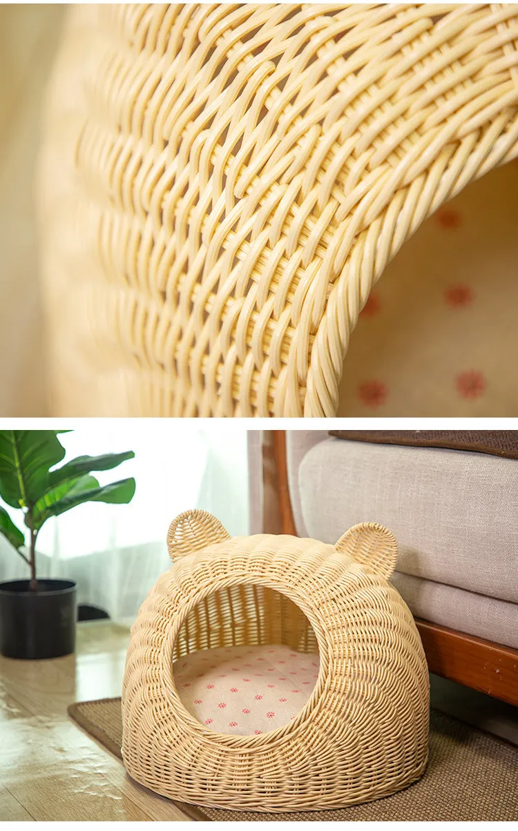 Semi-enclosed hand-knitted imitation rattan cat house with bear ear top in beige