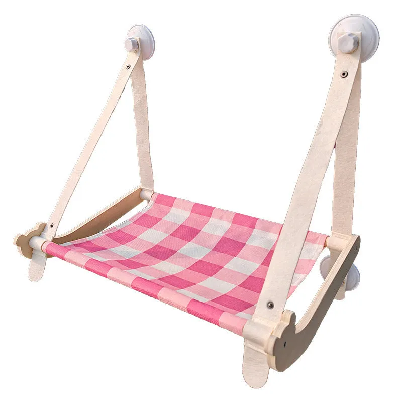 Wooden cat window hammock bed with suction cups mounted on glass, linen mat in green colour