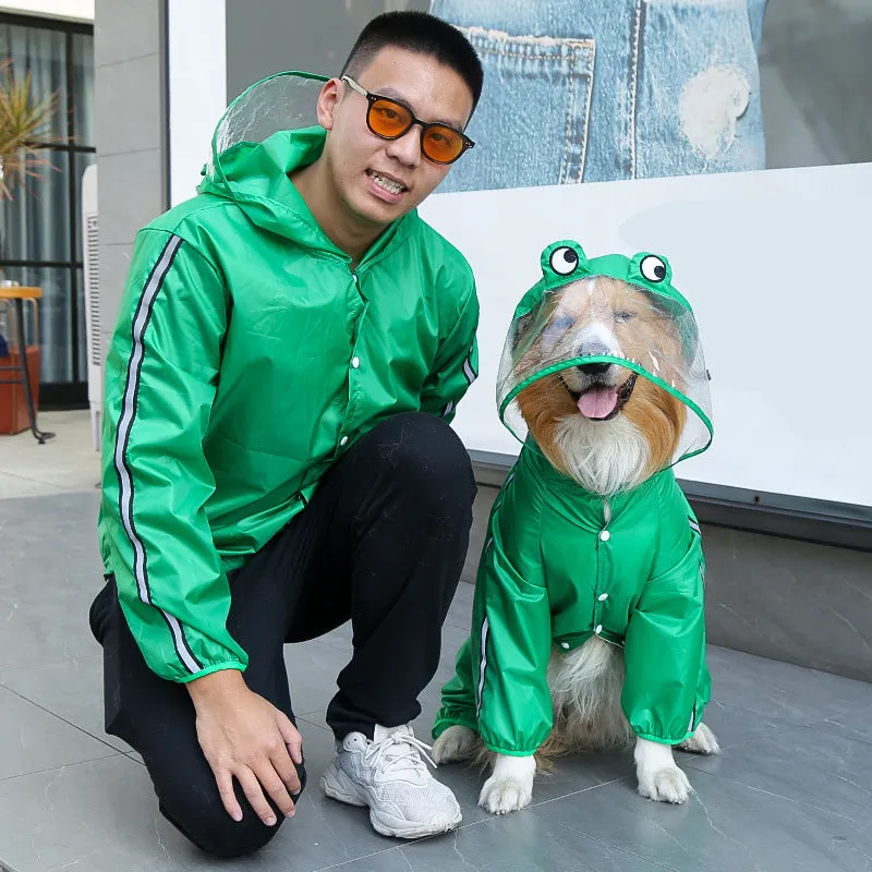 Four legged pet raincoat in green plastic waterproof material for dogs sizes XS to 7XL