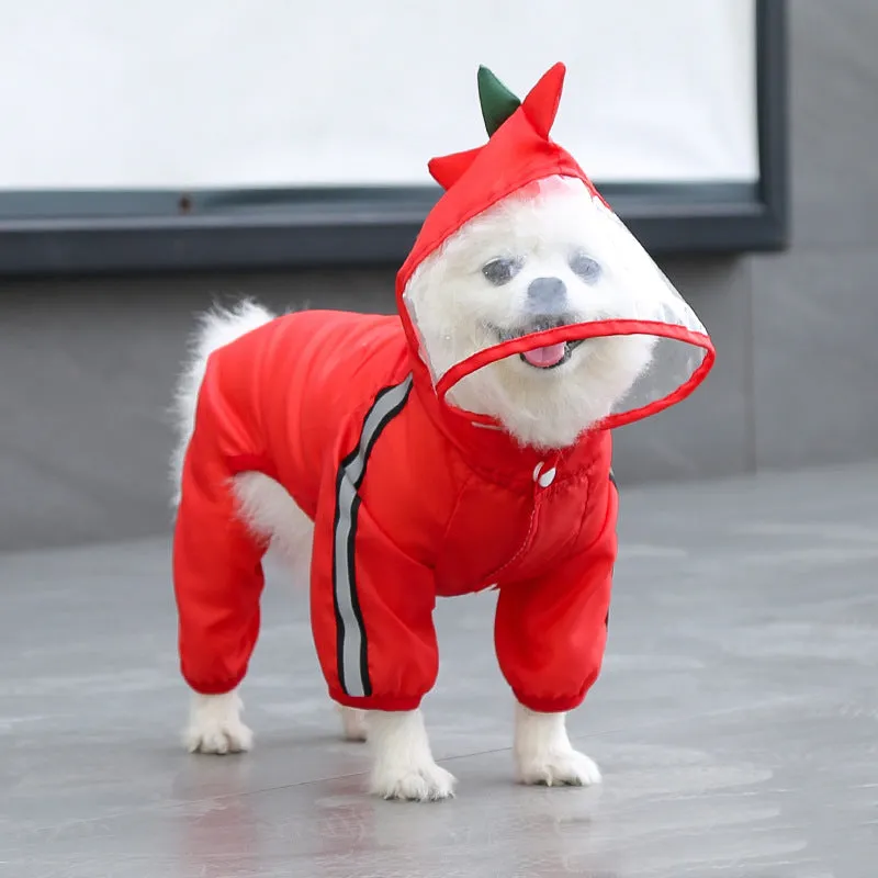 Four legged pet raincoat in green plastic waterproof material for dogs sizes XS to 7XL