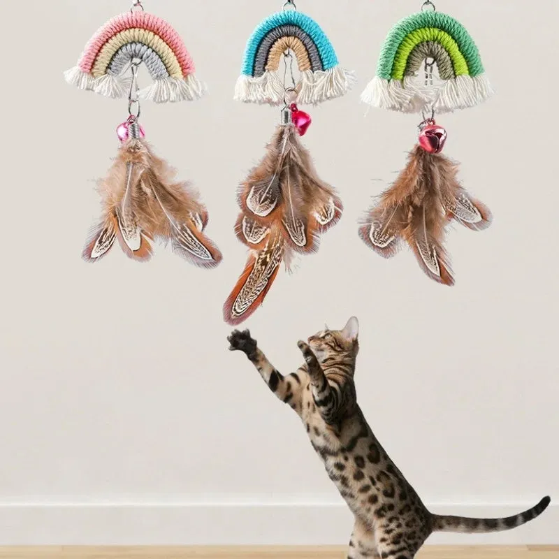 Cat door hanging toy with feather rope on elastic swing and sticky buckle clamp