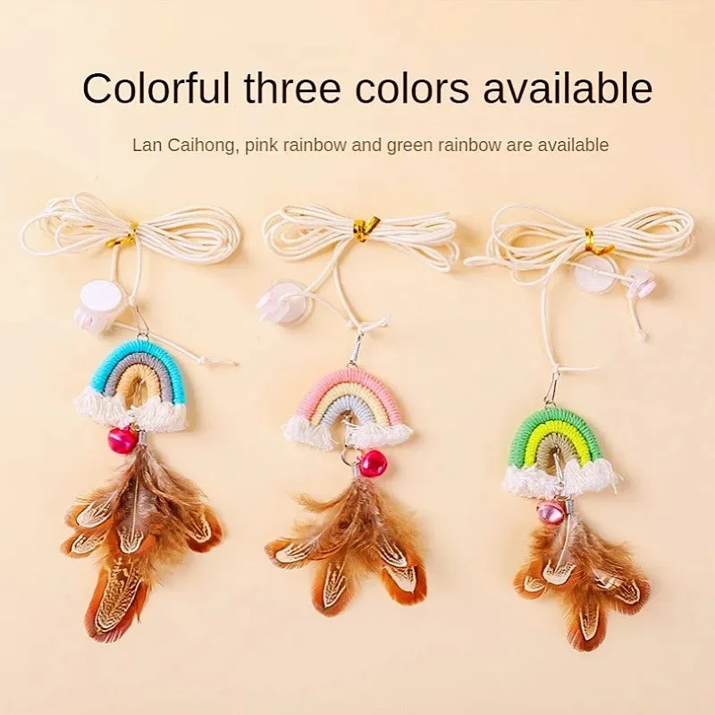 Cat door hanging toy with feather rope on elastic swing and sticky buckle clamp