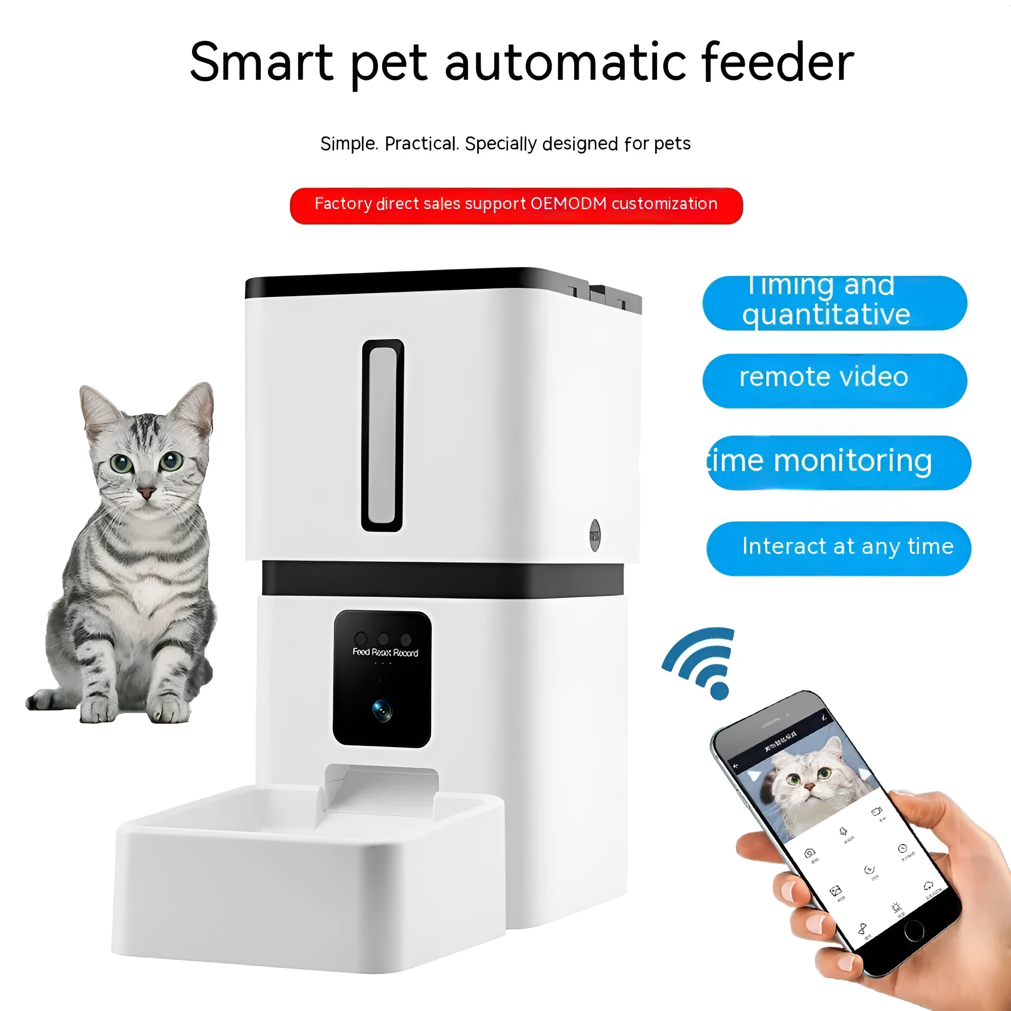 White intelligent pet feeder with 8L capacity and WiFi control