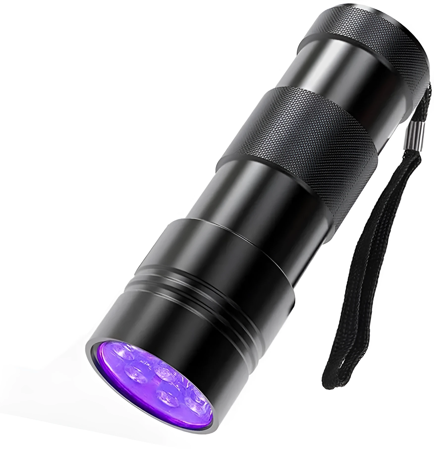 Black or silver aluminium alloy UV flashlight for detecting pet stains and insects.