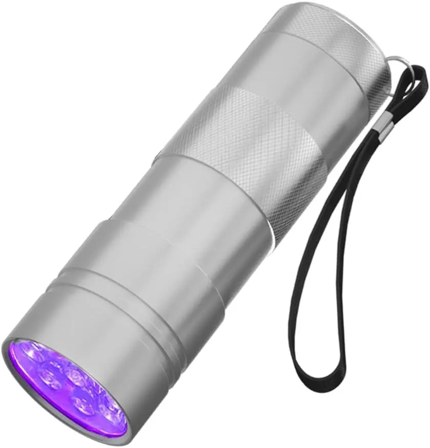 Black or silver aluminium alloy UV flashlight for detecting pet stains and insects.