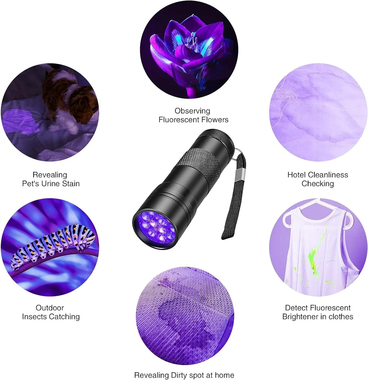 Black or silver aluminium alloy UV flashlight for detecting pet stains and insects.