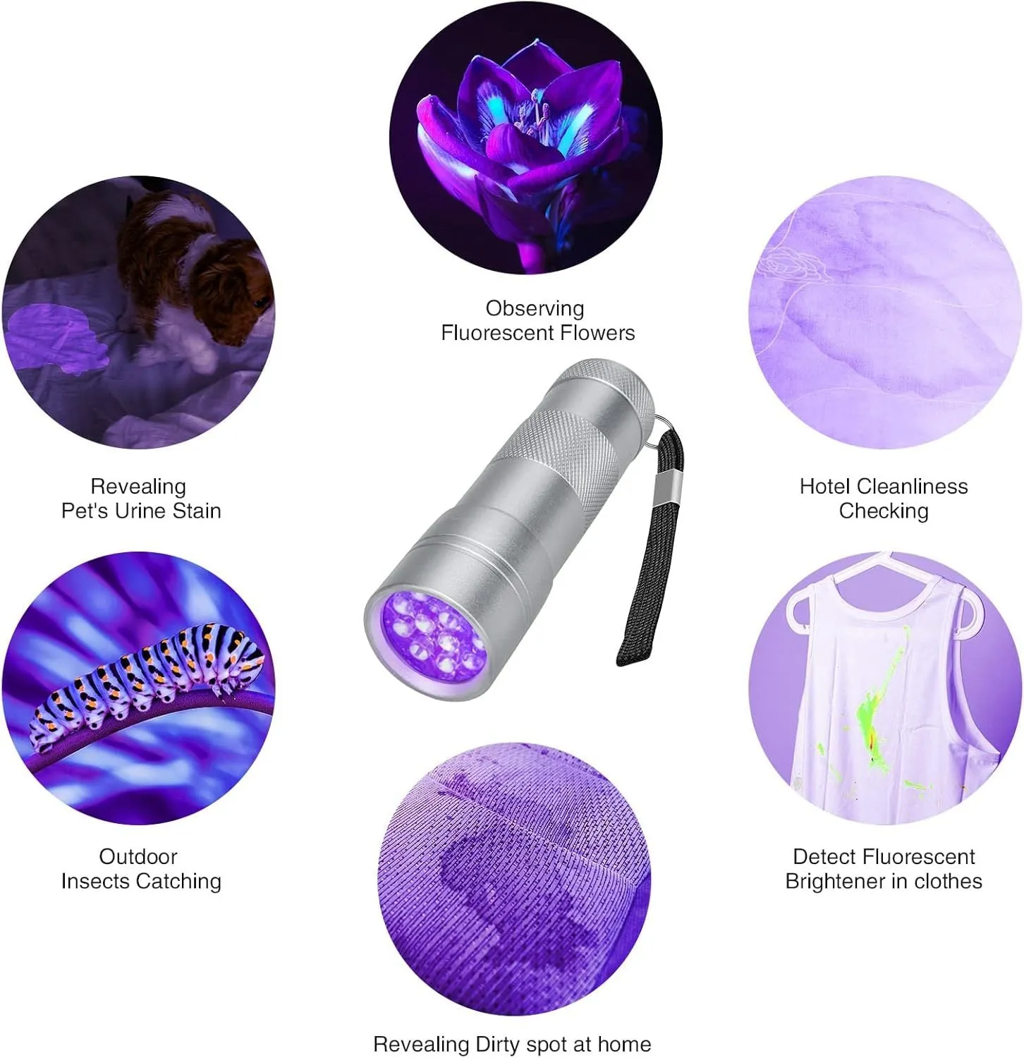 Black or silver aluminium alloy UV flashlight for detecting pet stains and insects.