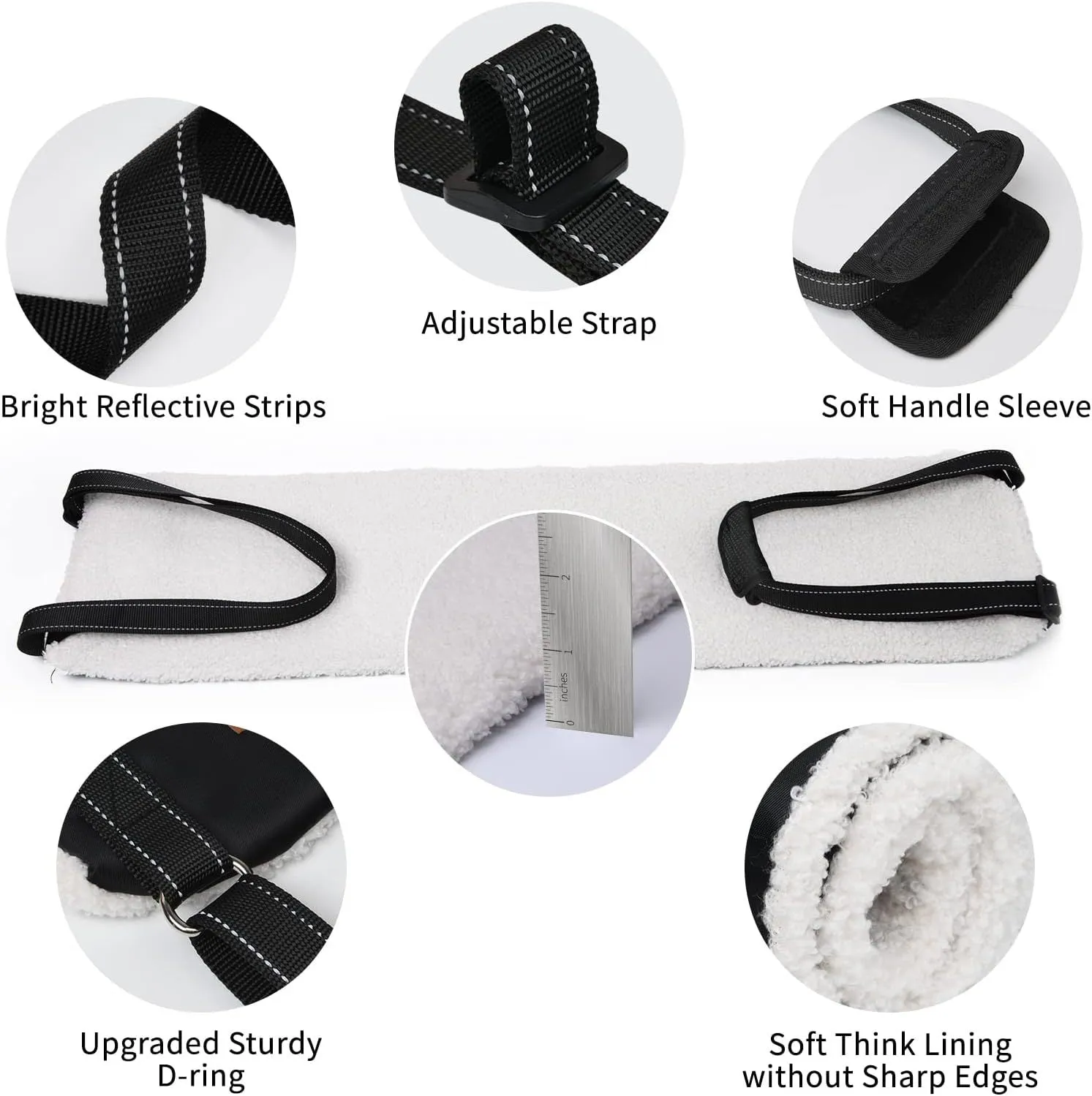 Portable dog sling with reflective nylon straps and padded handle, supporting a dog's hind legs