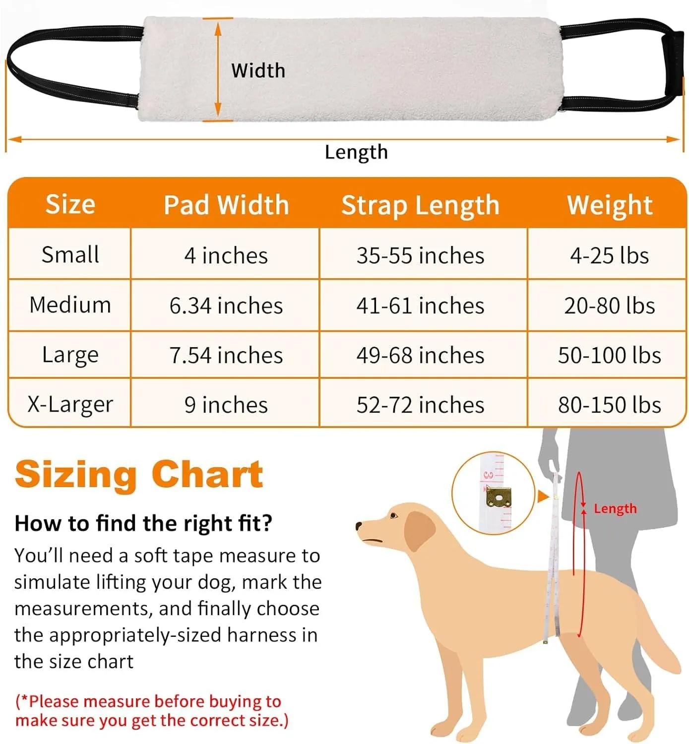 Portable dog sling with reflective nylon straps and padded handle, supporting a dog's hind legs