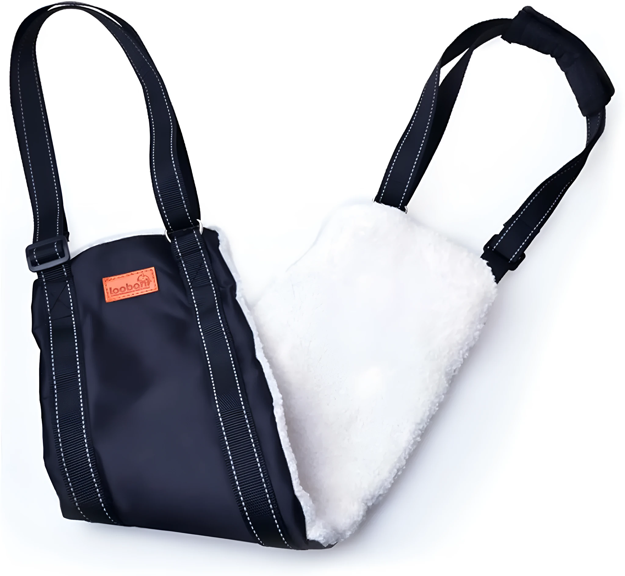 Portable dog sling with reflective nylon straps and padded handle, supporting a dog's hind legs