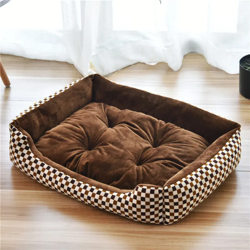 Large pet nest bed in beige leopard with short plush fabric and raised rim for dogs