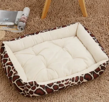 Large pet nest bed in beige leopard with short plush fabric and raised rim for dogs