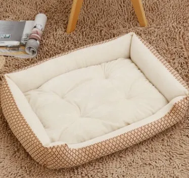 Large pet nest bed in beige leopard with short plush fabric and raised rim for dogs