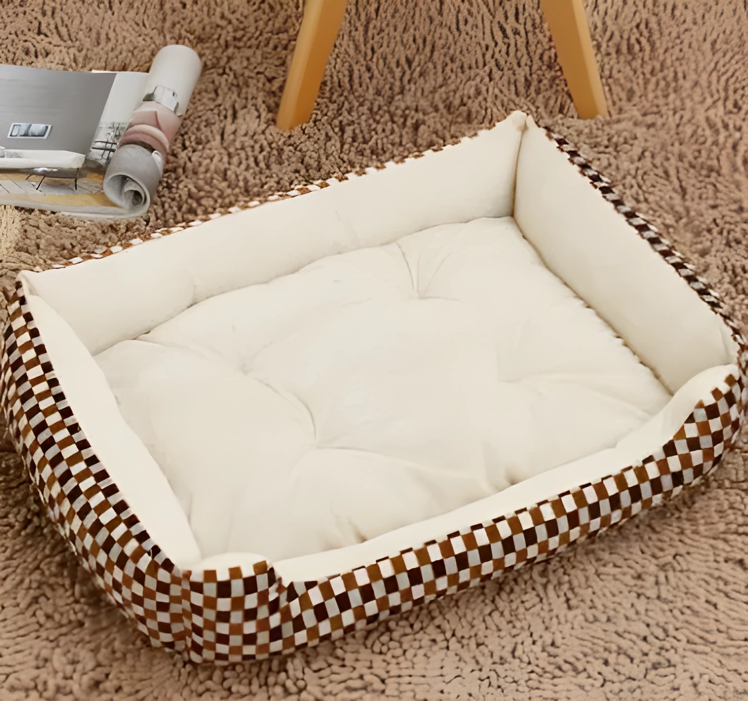 Large pet nest bed in beige leopard with short plush fabric and raised rim for dogs
