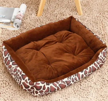Large pet nest bed in beige leopard with short plush fabric and raised rim for dogs