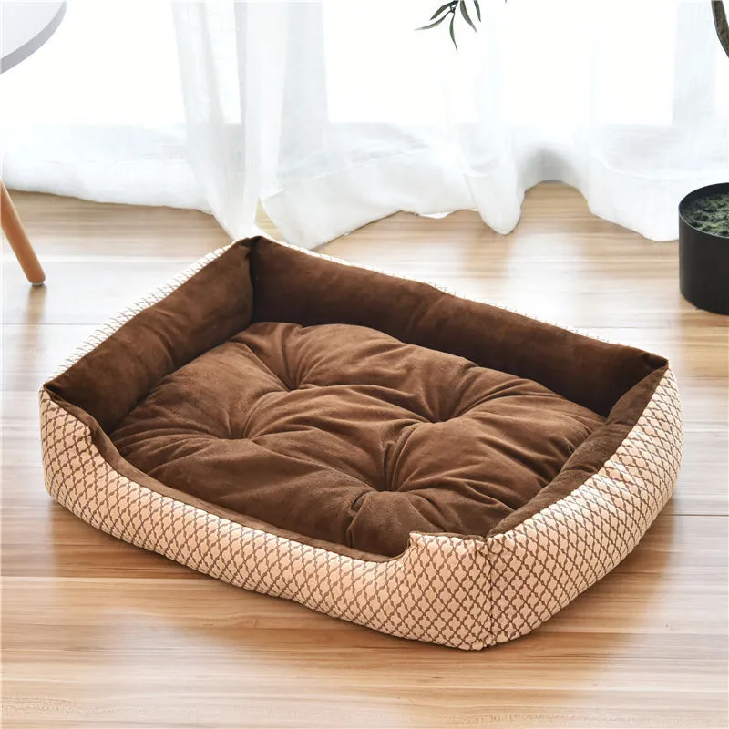 Large pet nest bed in beige leopard with short plush fabric and raised rim for dogs