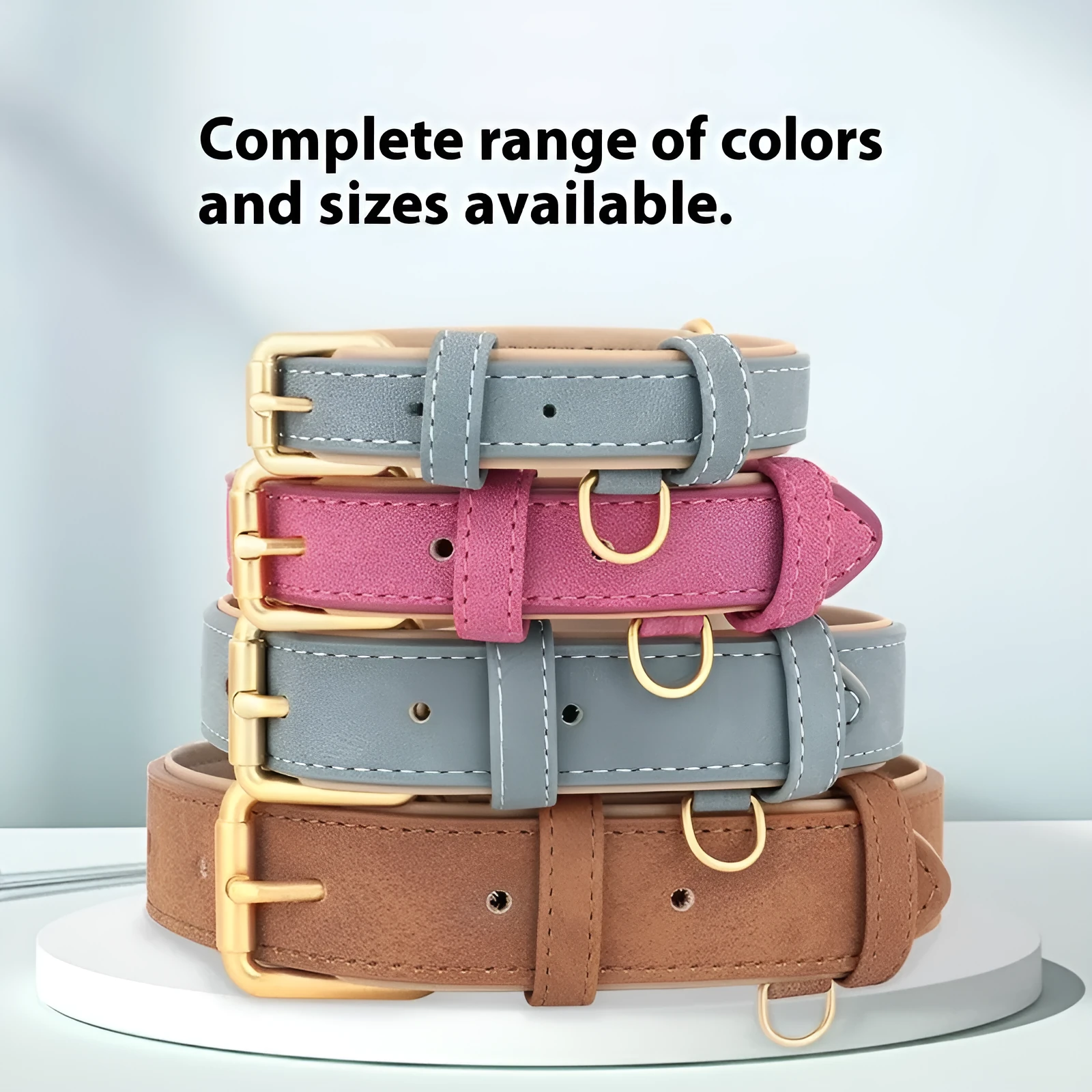 A blue double-layer leather dog collar with a matching mohair traction rope on a grey background.