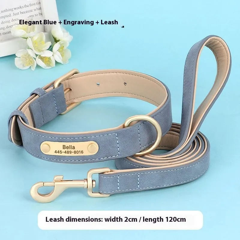 A blue double-layer leather dog collar with a matching mohair traction rope on a grey background.