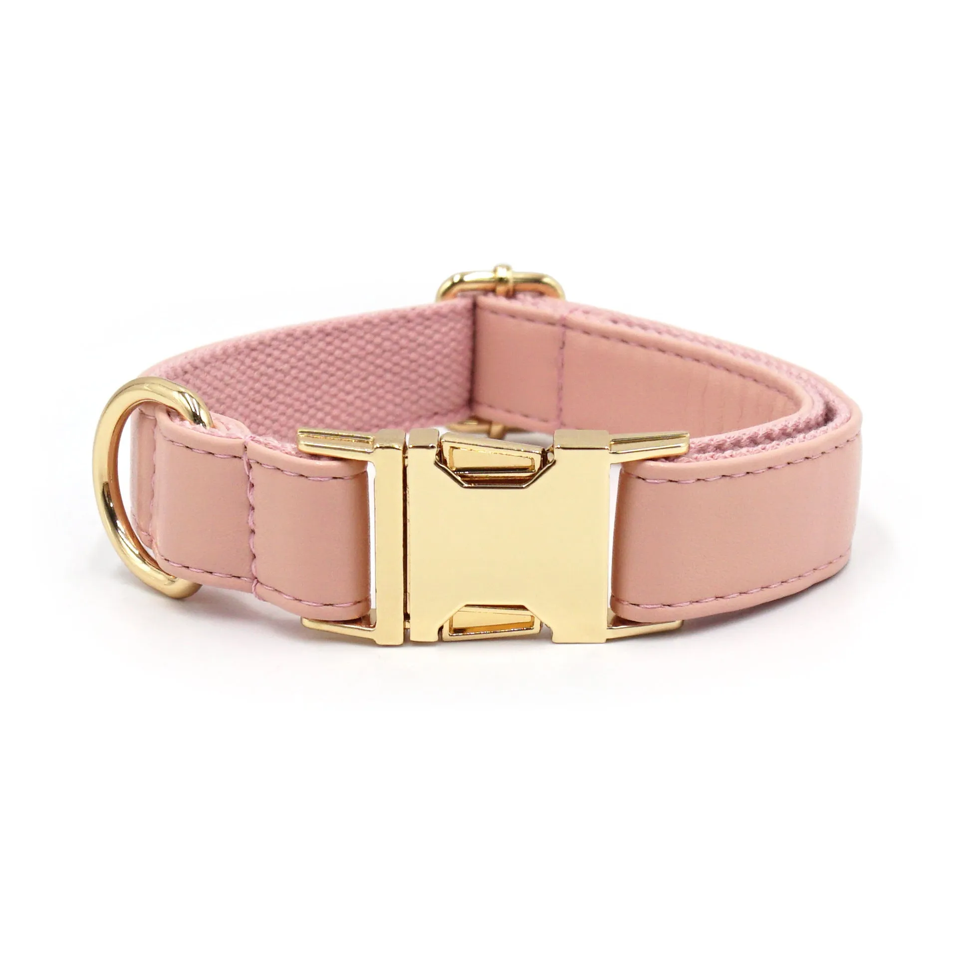 Leather dog collar with velvet texture section in colour block design, shown on a buckle.