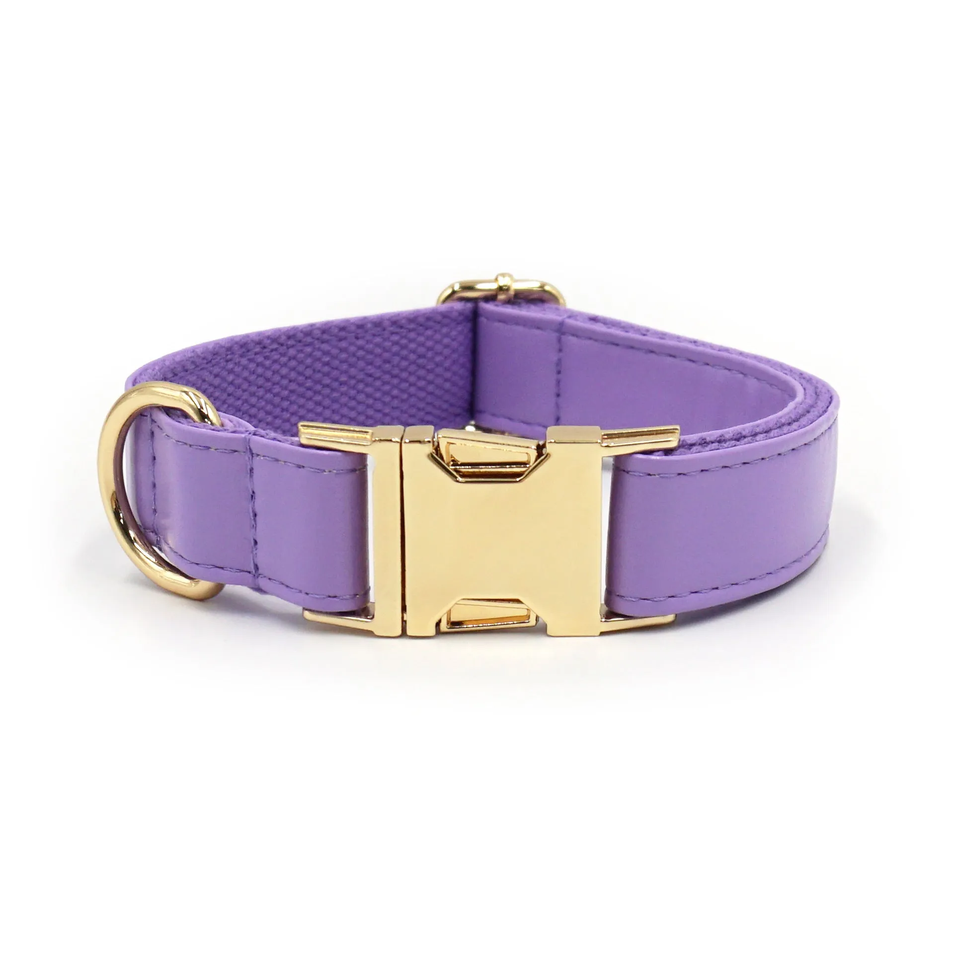 Leather dog collar with velvet texture section in colour block design, shown on a buckle.