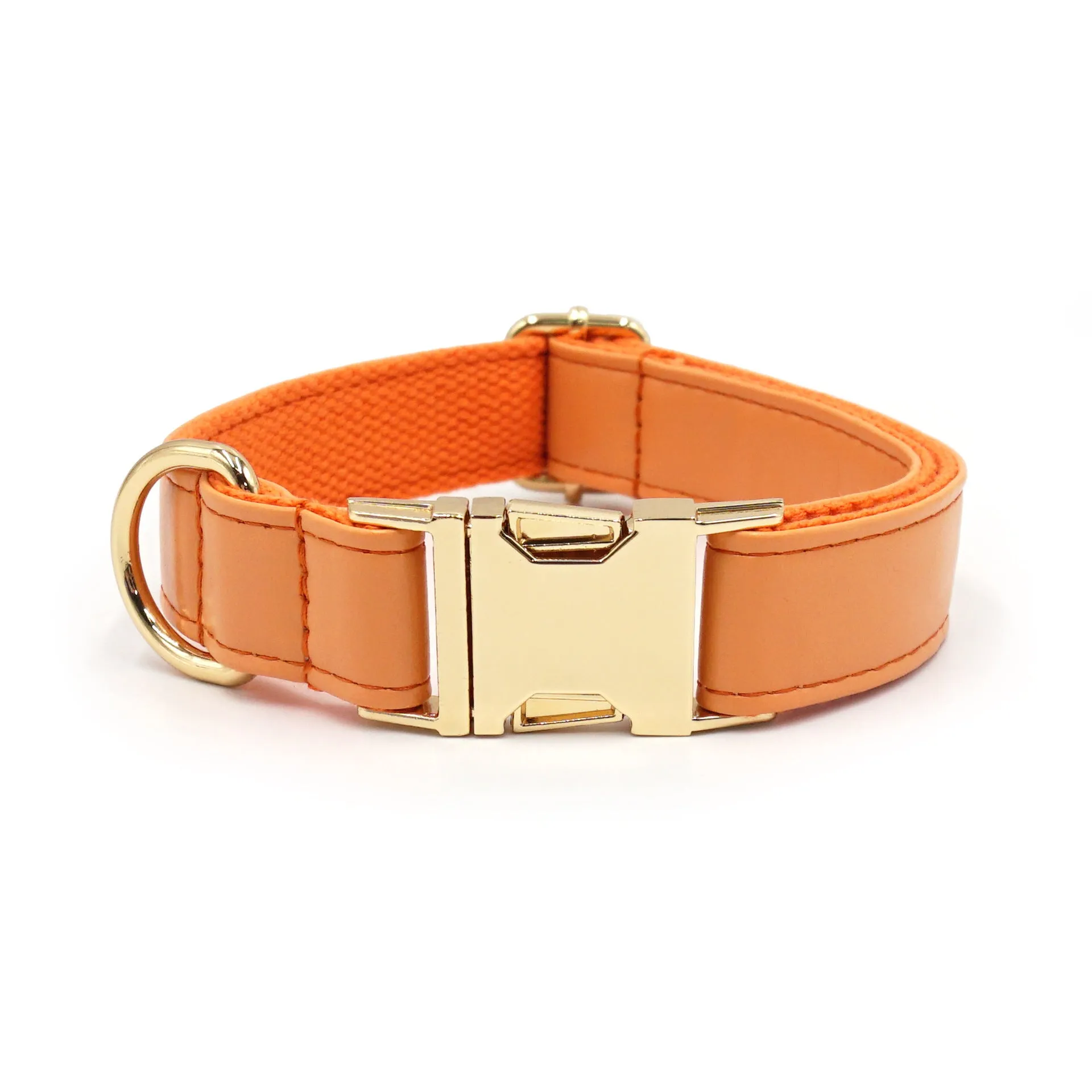 Leather dog collar with velvet texture section in colour block design, shown on a buckle.