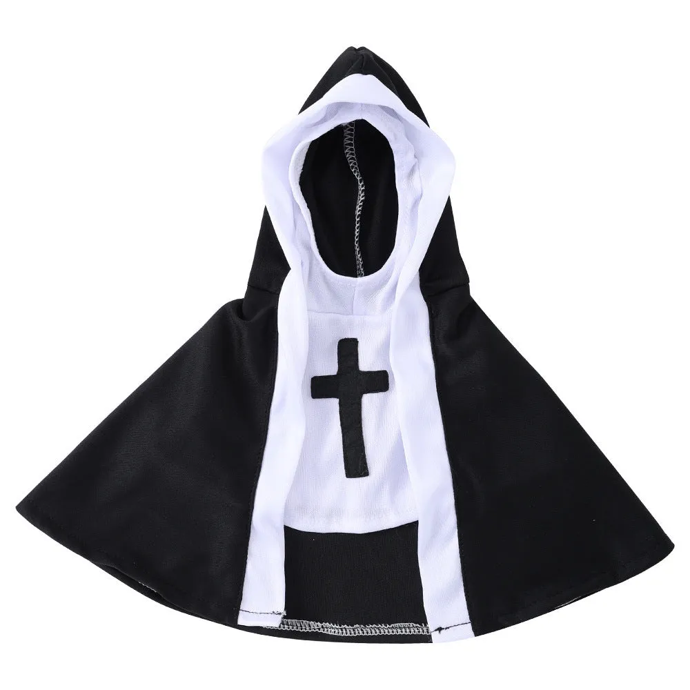 Cat wearing a black polyester nun cloak pet costume for Halloween with white collar
