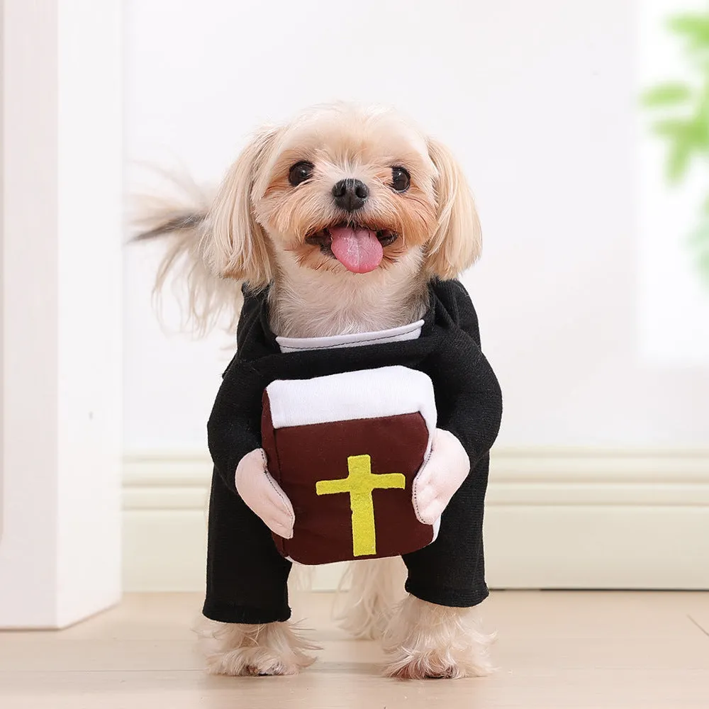 Cat wearing a black polyester nun cloak pet costume for Halloween with white collar