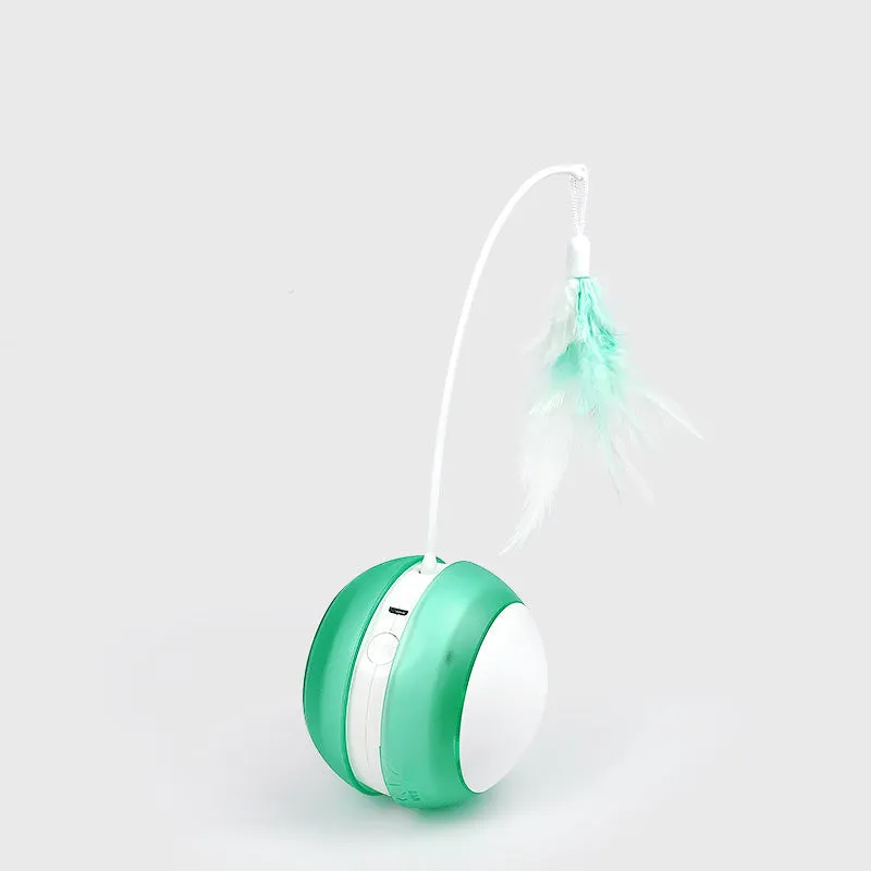 USB rechargeable cat toy ball with red light mode, available in blue green and pink colours