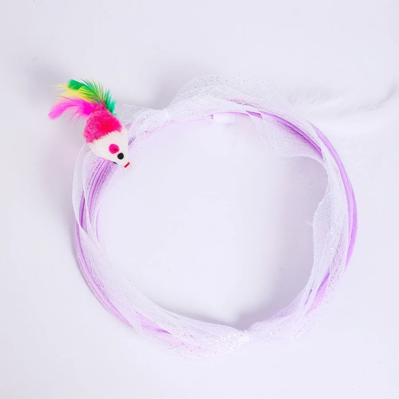 S-type cat tunnel toy with steel wire frame, elastic net walls and attached feather teaser element