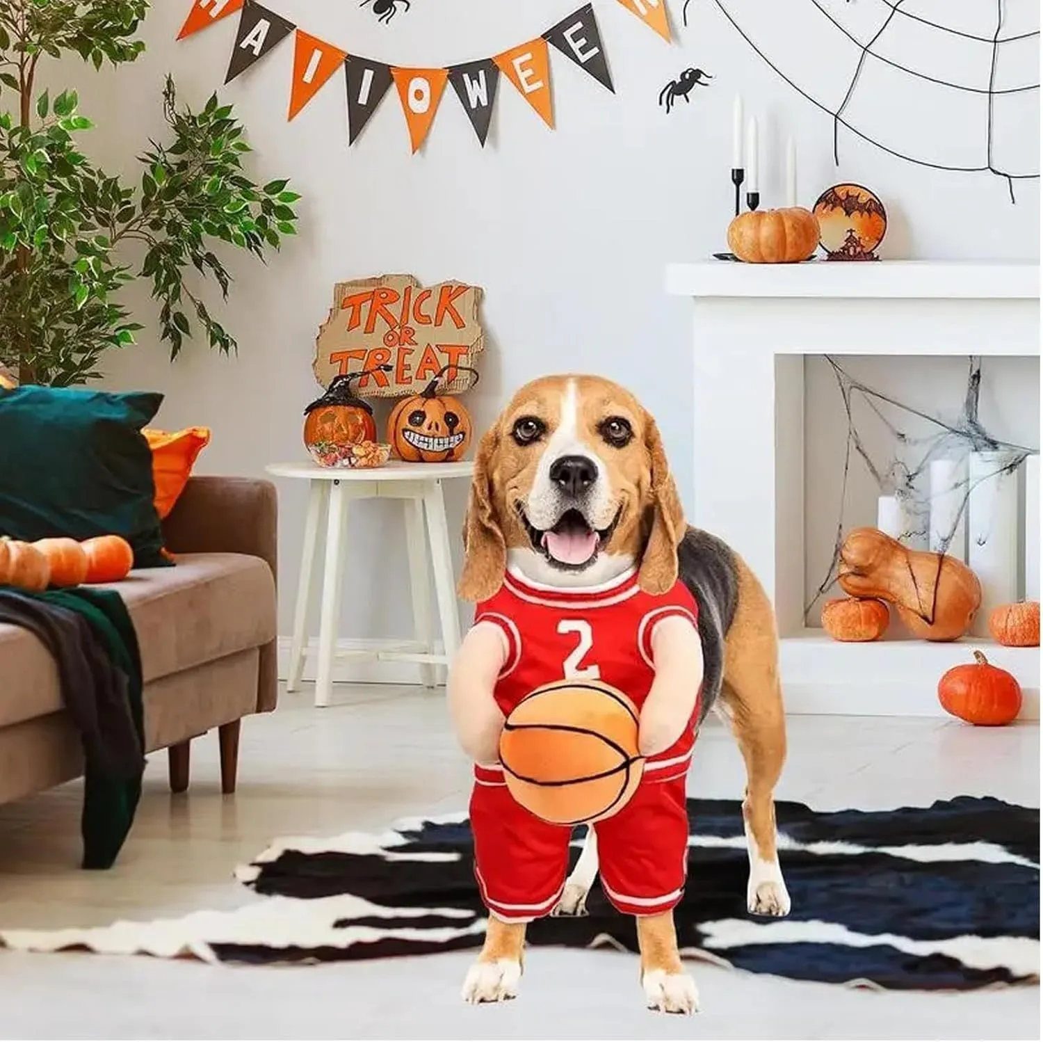 Small dog wearing red basketball player costume with padded arms and a bouncing basketball accessory