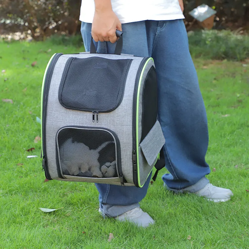Outdoor portable backpack pet carrier in gray Oxford cloth with steel wire frame 35x28x42cm
