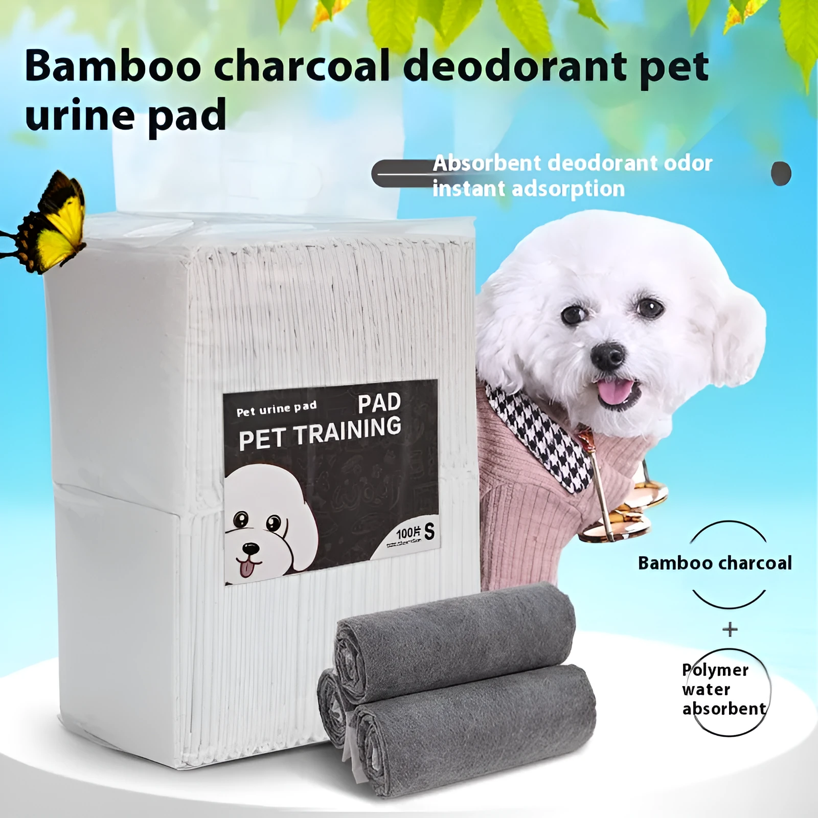 Pack of disposable pet urine pads showing different sizes and the bamboo charcoal deodorising model.