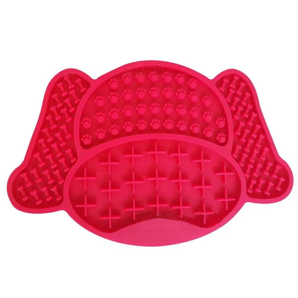 Silicone dog lick pad in red, 22 x 14.5 cm, with textured surface for slow feeding and anxiety relief