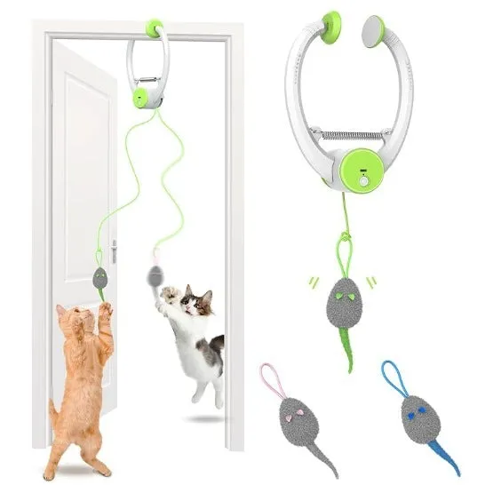 Electric beating mouse cat toy hanging from door holder in pink plastic