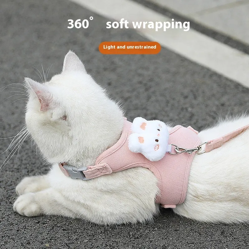 Adjustable corduroy cat walking rope with chest strap, blue bear colour, 1.2m length