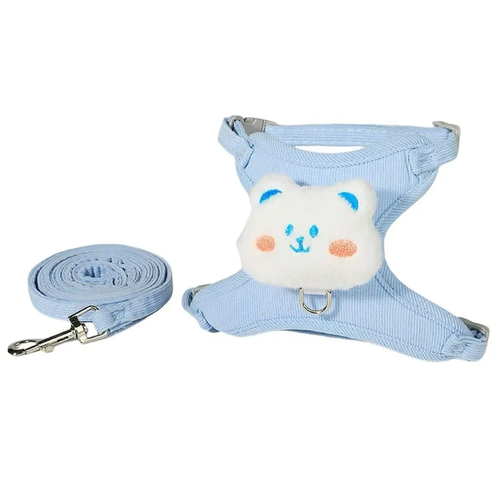 Adjustable corduroy cat walking rope with chest strap, blue bear colour, 1.2m length