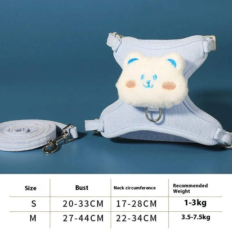 Adjustable corduroy cat walking rope with chest strap, blue bear colour, 1.2m length