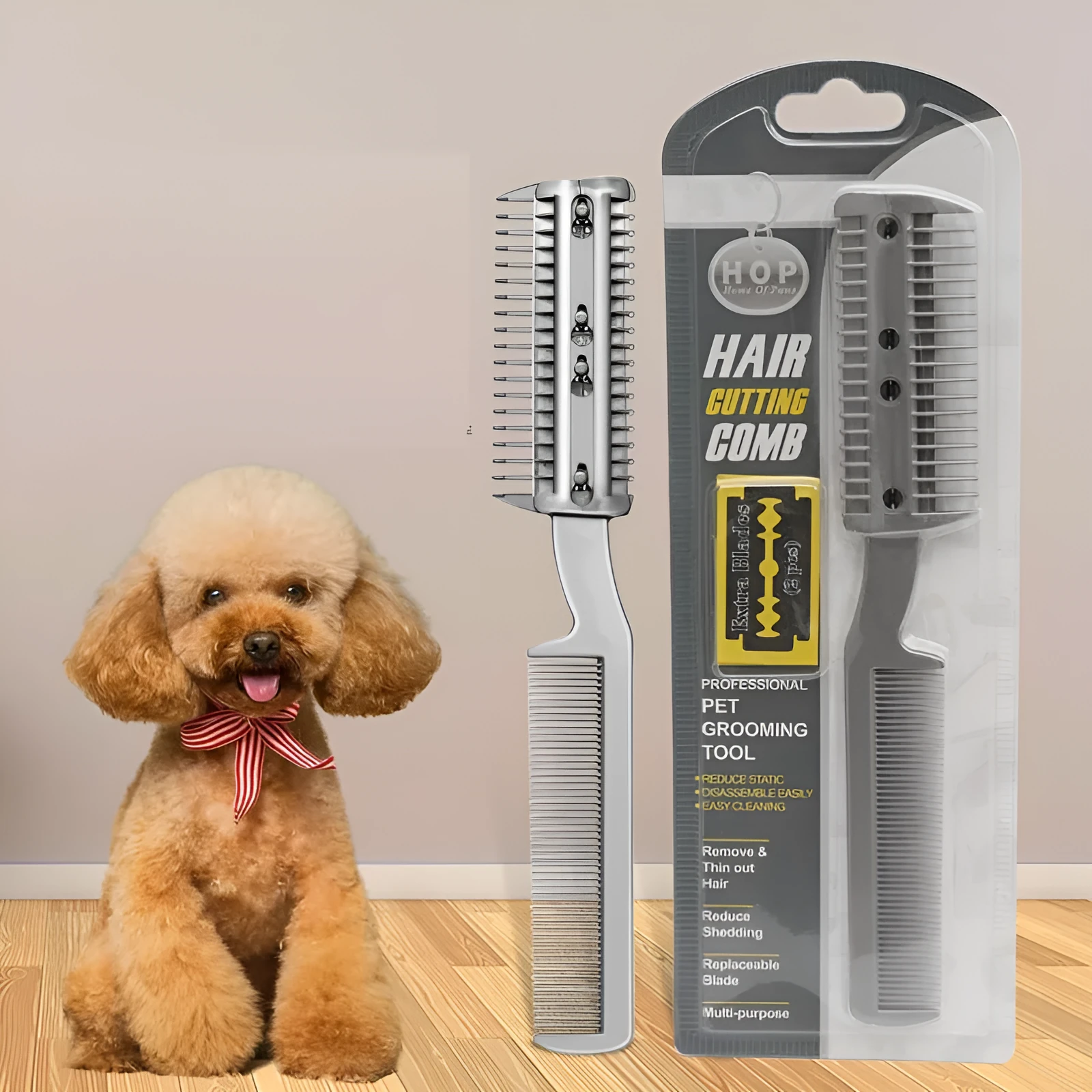 Plastic pet hair cleaning comb with free replacement blade for dog and cat grooming
