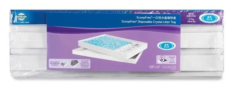 Automatic litter box replacement tray with 3 boxes of crystal litter in plastic packaging