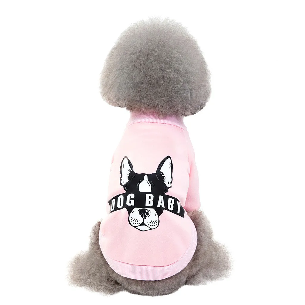 Cartoon fashion cotton dog sweater in pink, showing playful print and knit texture for small pets