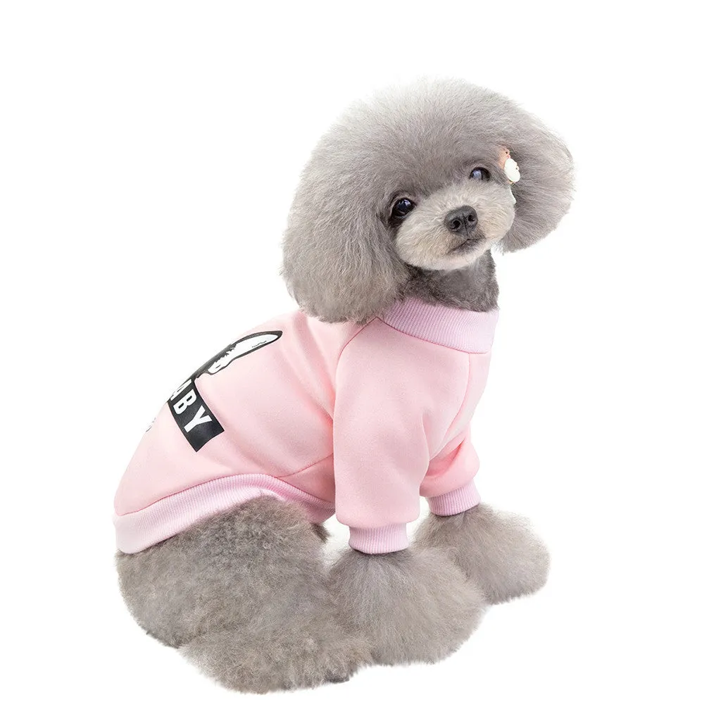 Cartoon fashion cotton dog sweater in pink, showing playful print and knit texture for small pets