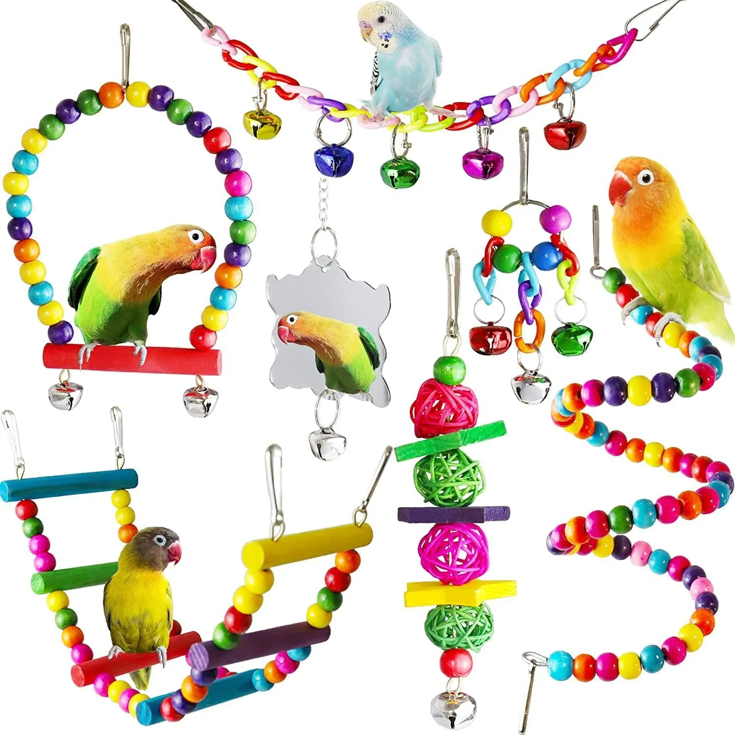 7PCs wooden parrot toys bird cage accessories set on a white background