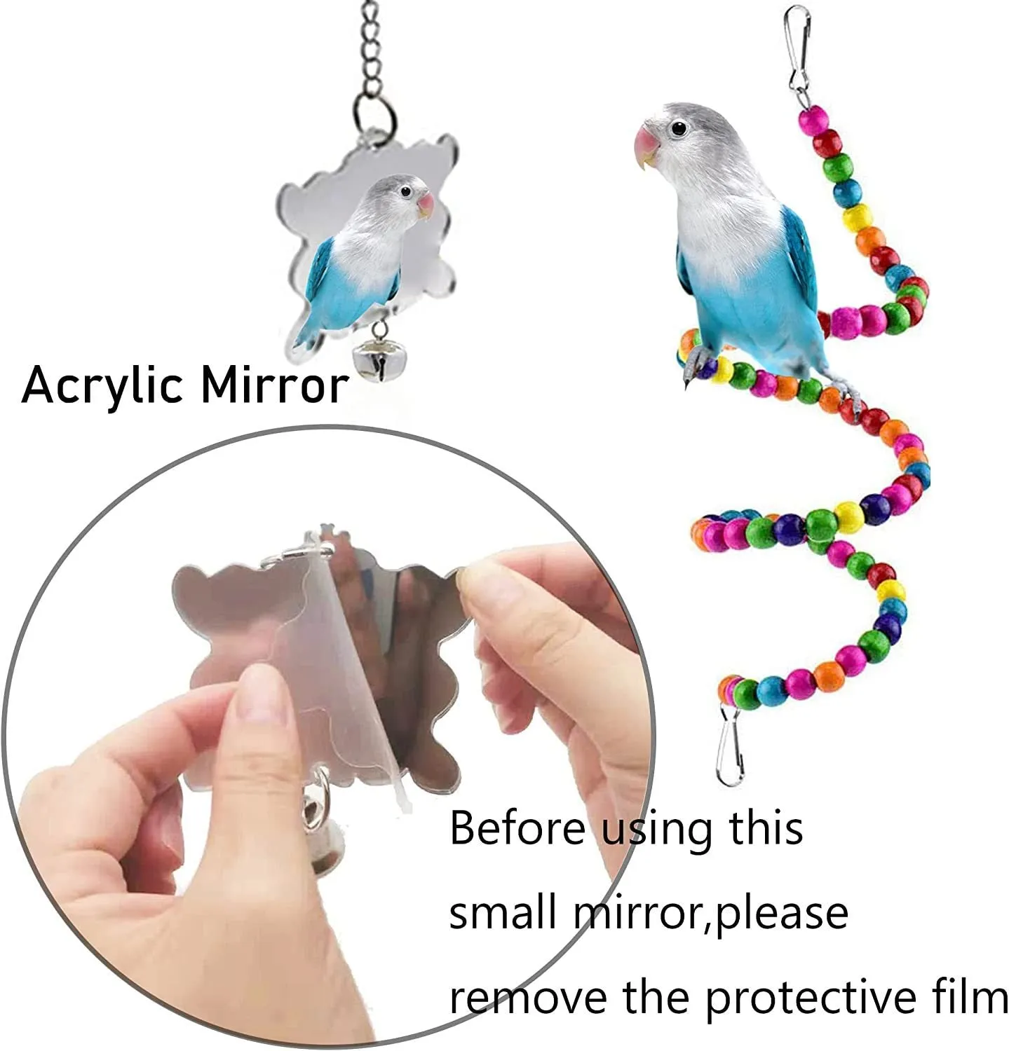 7PCs wooden parrot toys bird cage accessories set on a white background