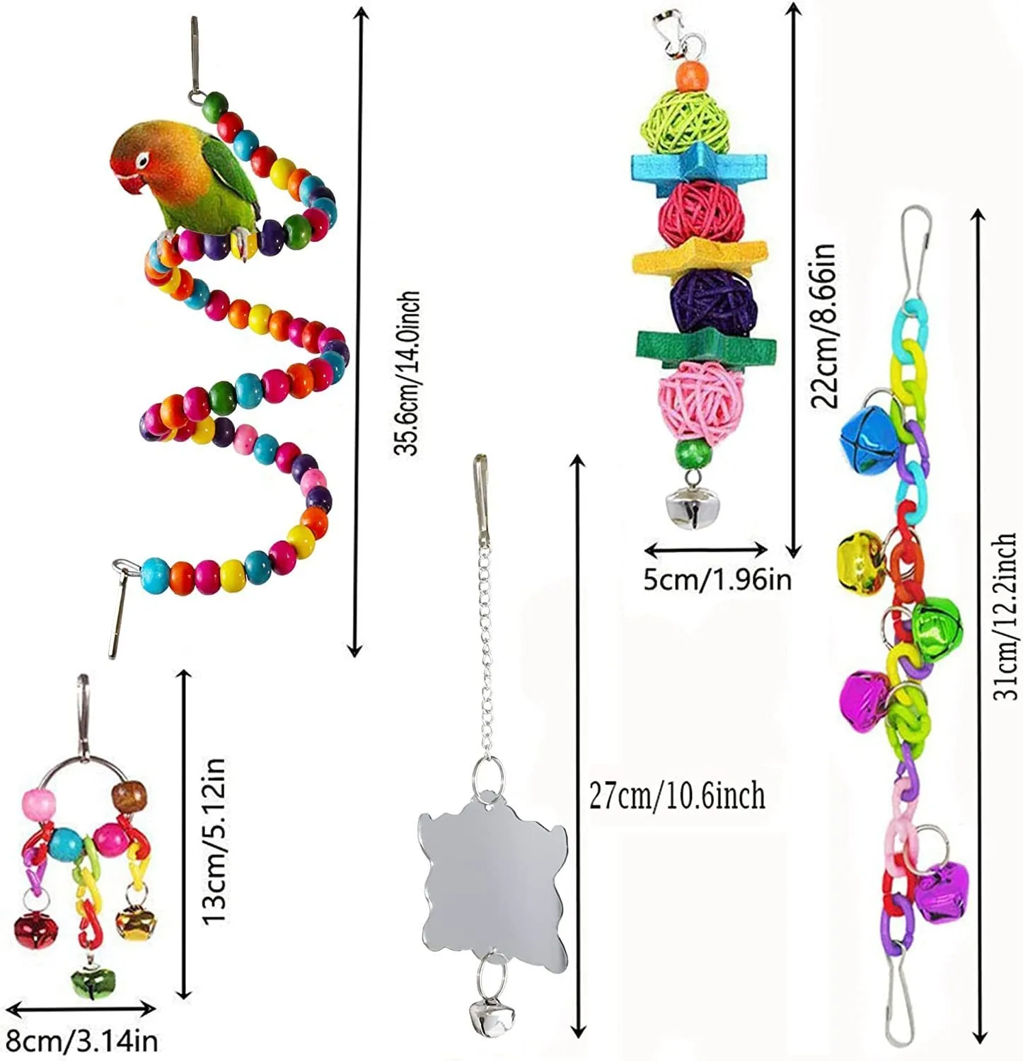 7PCs wooden parrot toys bird cage accessories set on a white background