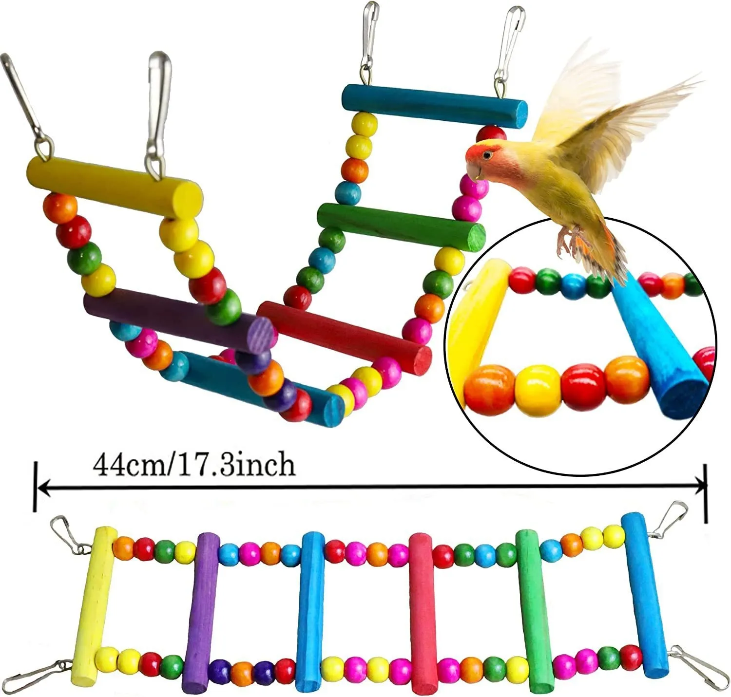 7PCs wooden parrot toys bird cage accessories set on a white background