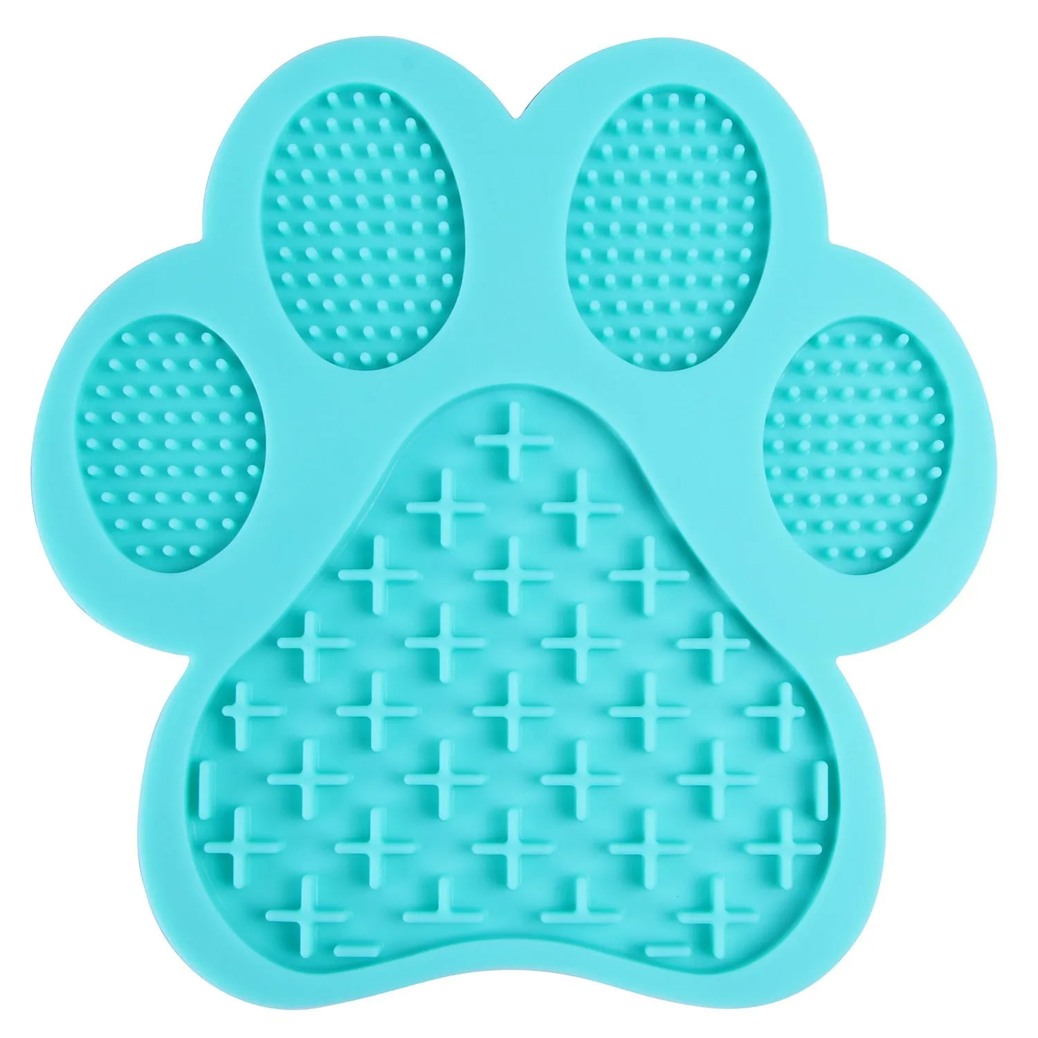 Blue dog lick pad made from food-grade silicone, 180 mm square, with suction cups for wall mounting