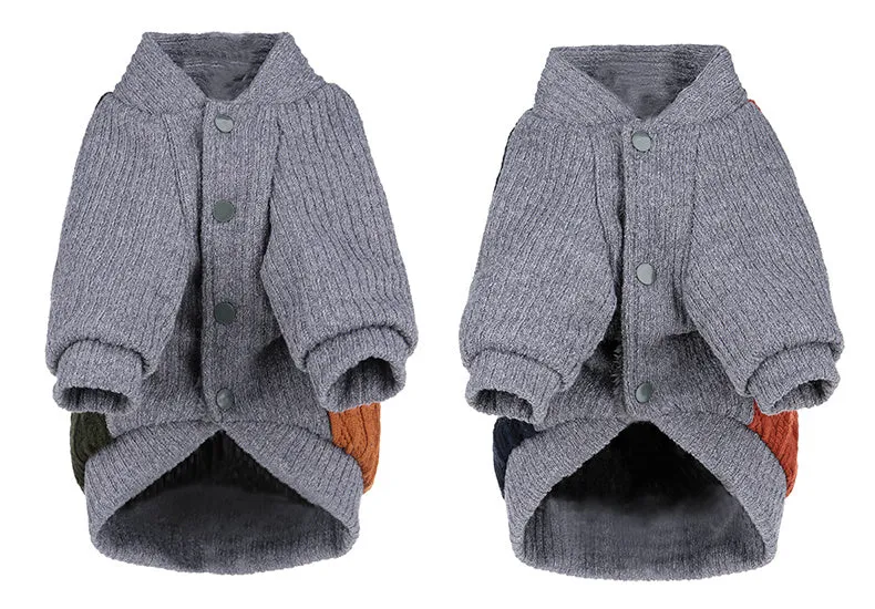 Blue cotton pullover dog sweater on a small breed dog, shown against a neutral background